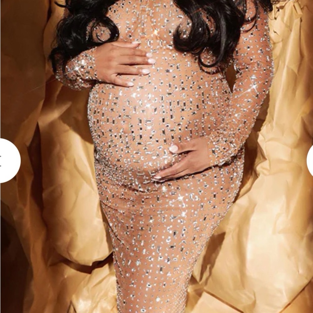 Sparkling Rhinestone Mesh Nude Maxi Maternity/Baby Shower/Photoshoot Dress